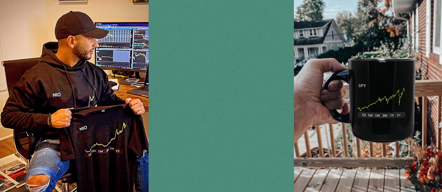 RobinDrip stock-chart hoodie, T-shirt, and SPY mug